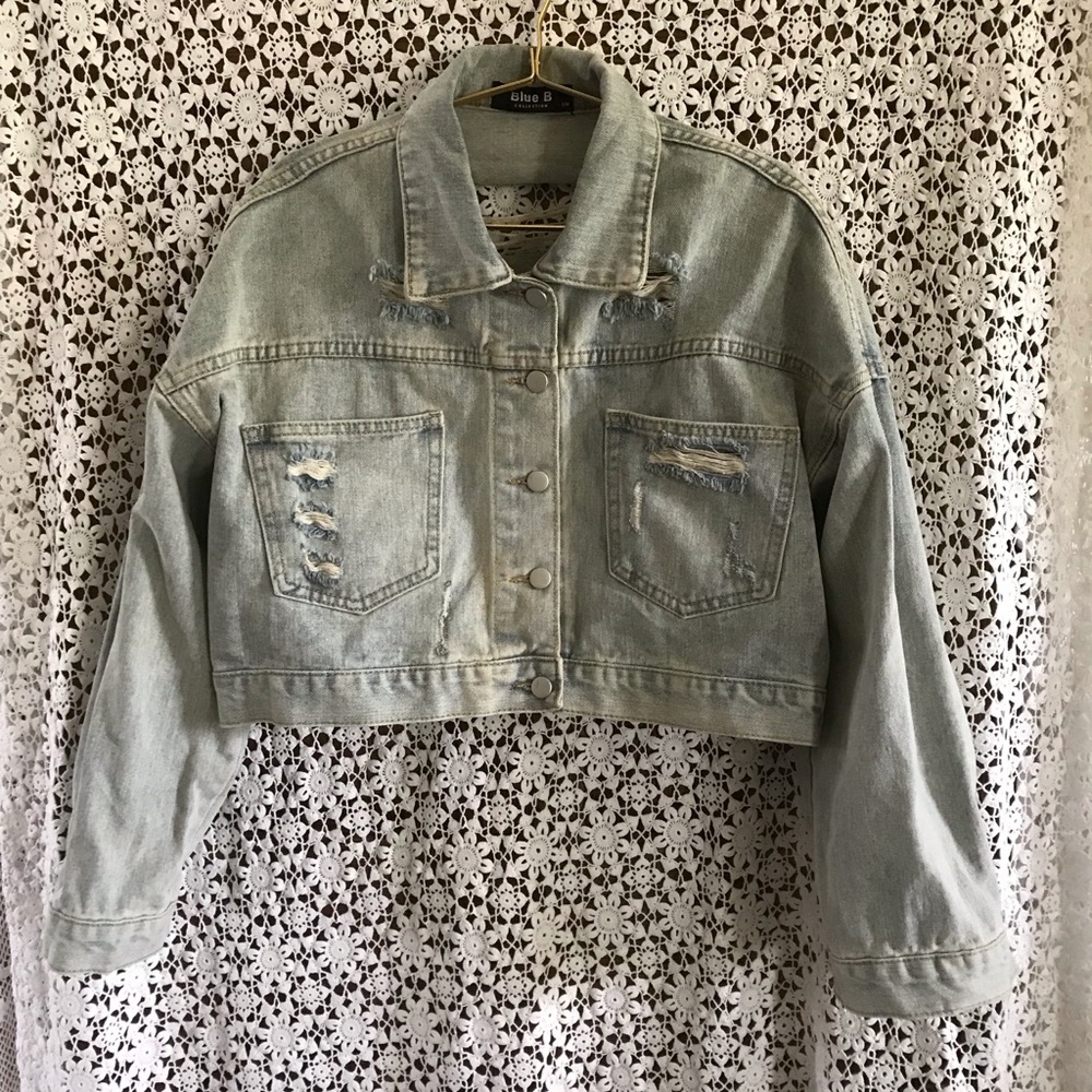 Blue B Collection distressed embellished back Denim jean jacket- Light Blue